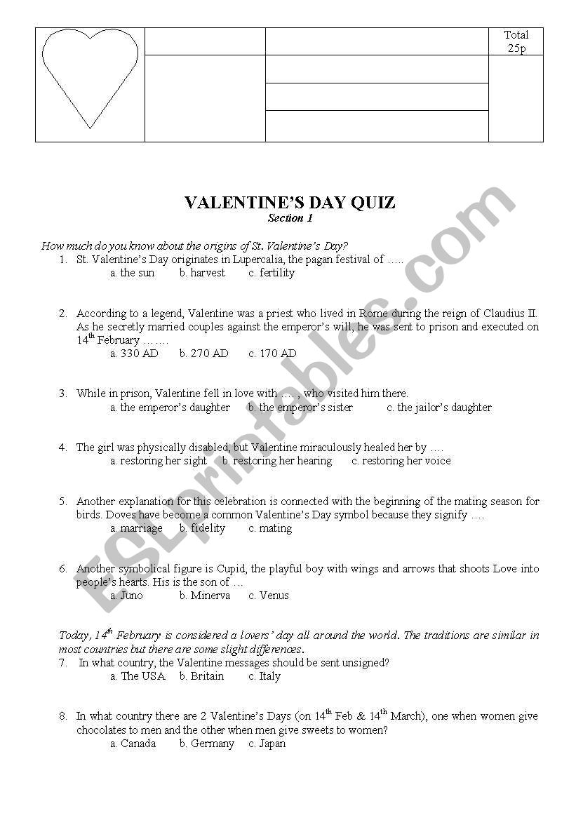 Valentine Quiz worksheet