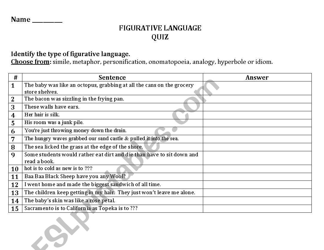Figurative Language Quiz worksheet