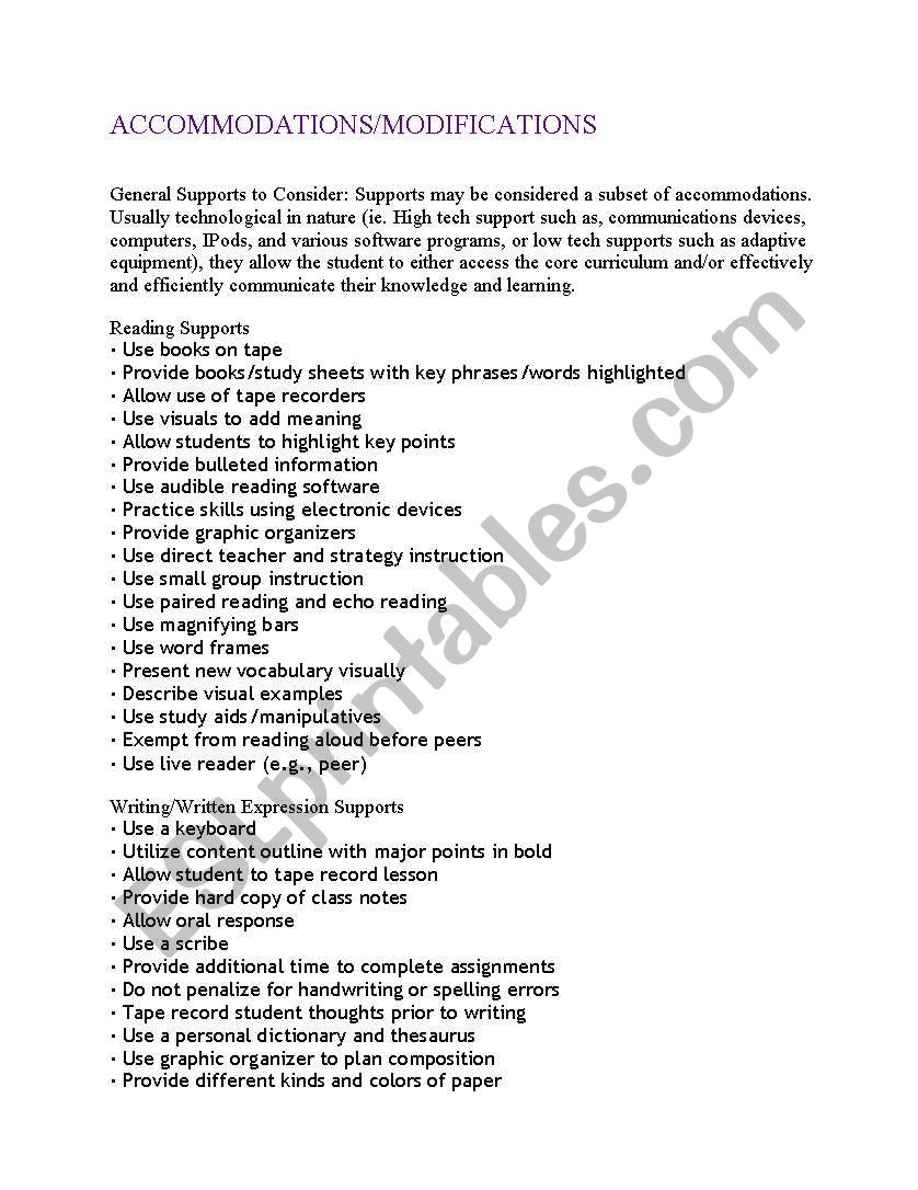 Modifications/Accomodations worksheet