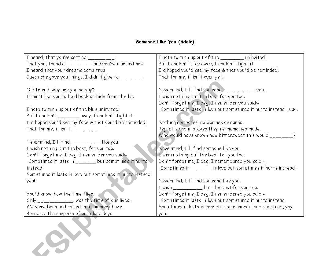 Adele Someone Like You worksheet