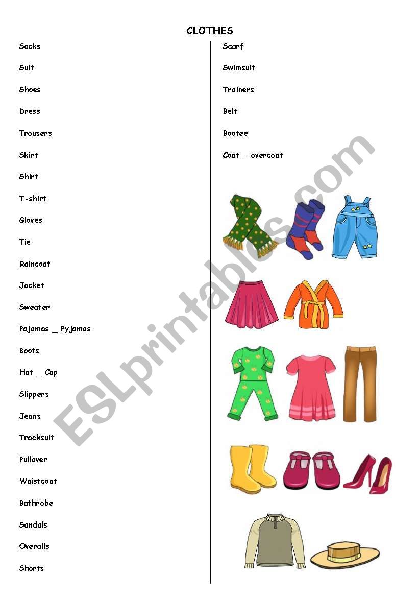 clothes list worksheet