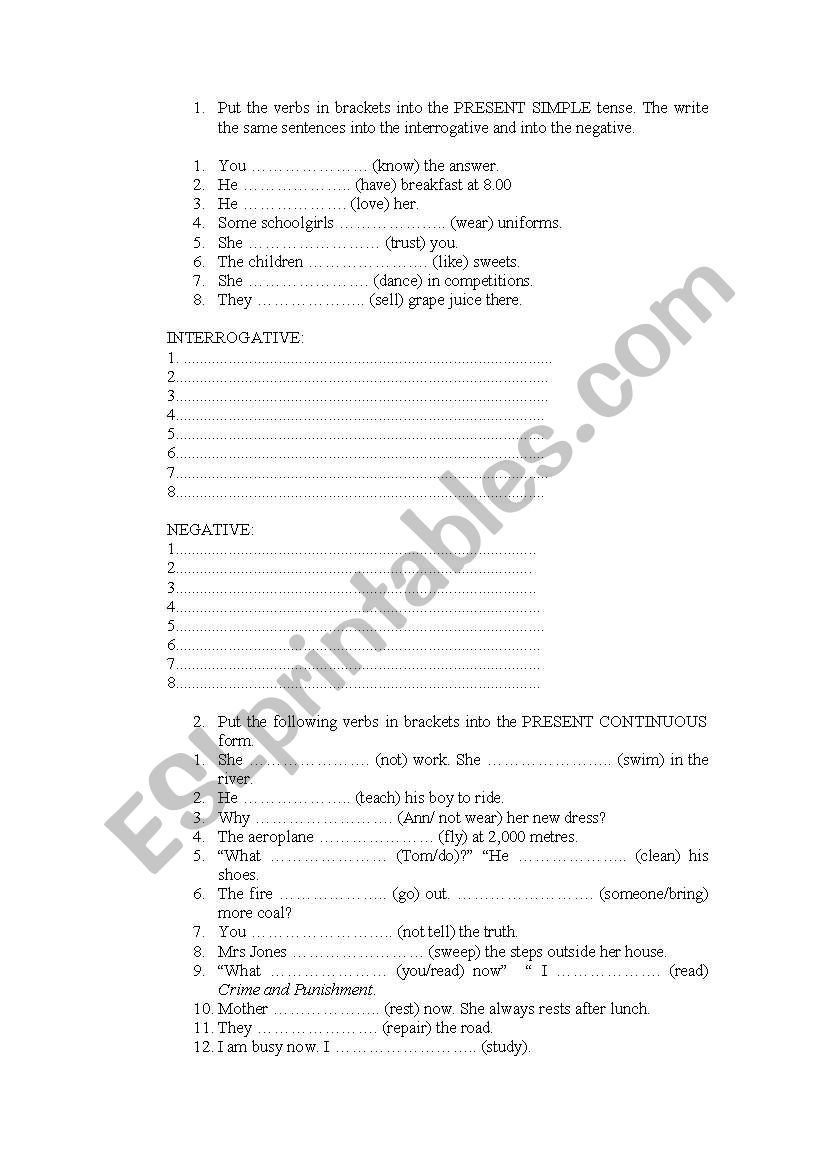 present simple and continuous worksheet