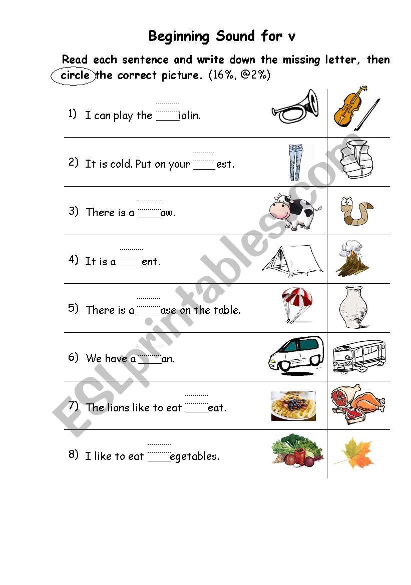 Beginning sound for v worksheet