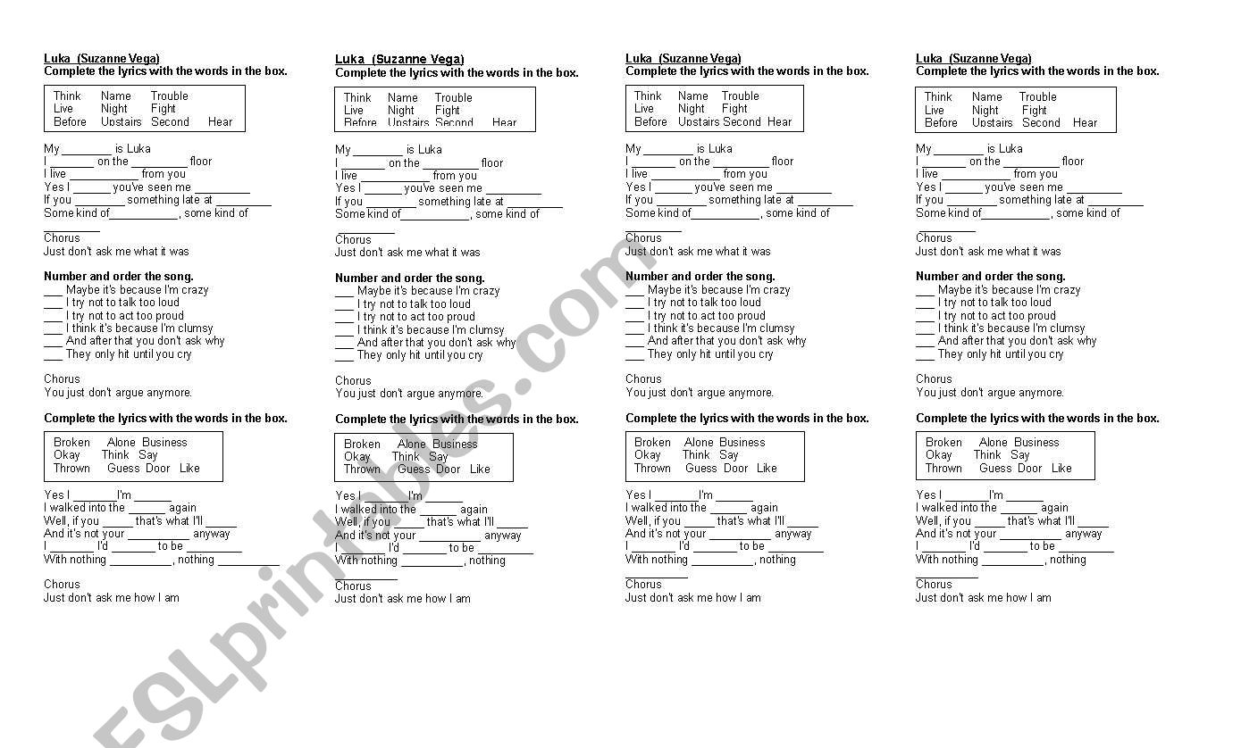 Luka by Suzanne Vega worksheet