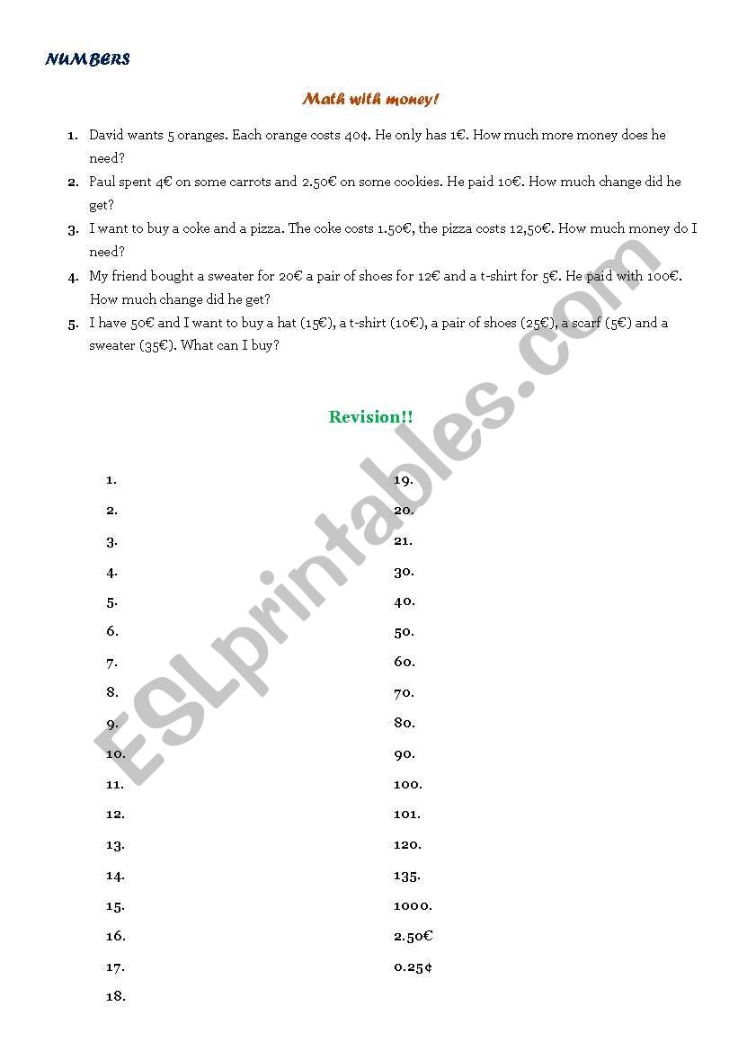 Numbers Revision worksheet