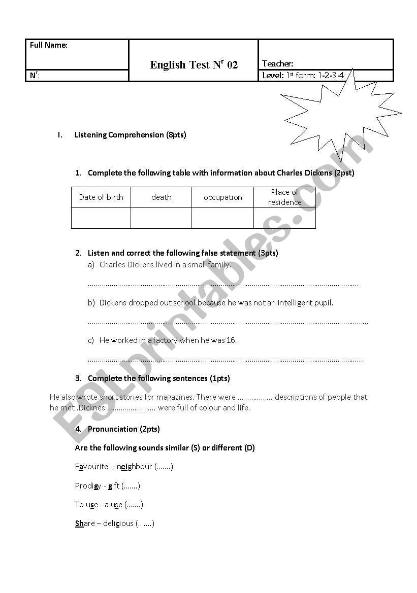 A mid-term test 1st-form worksheet