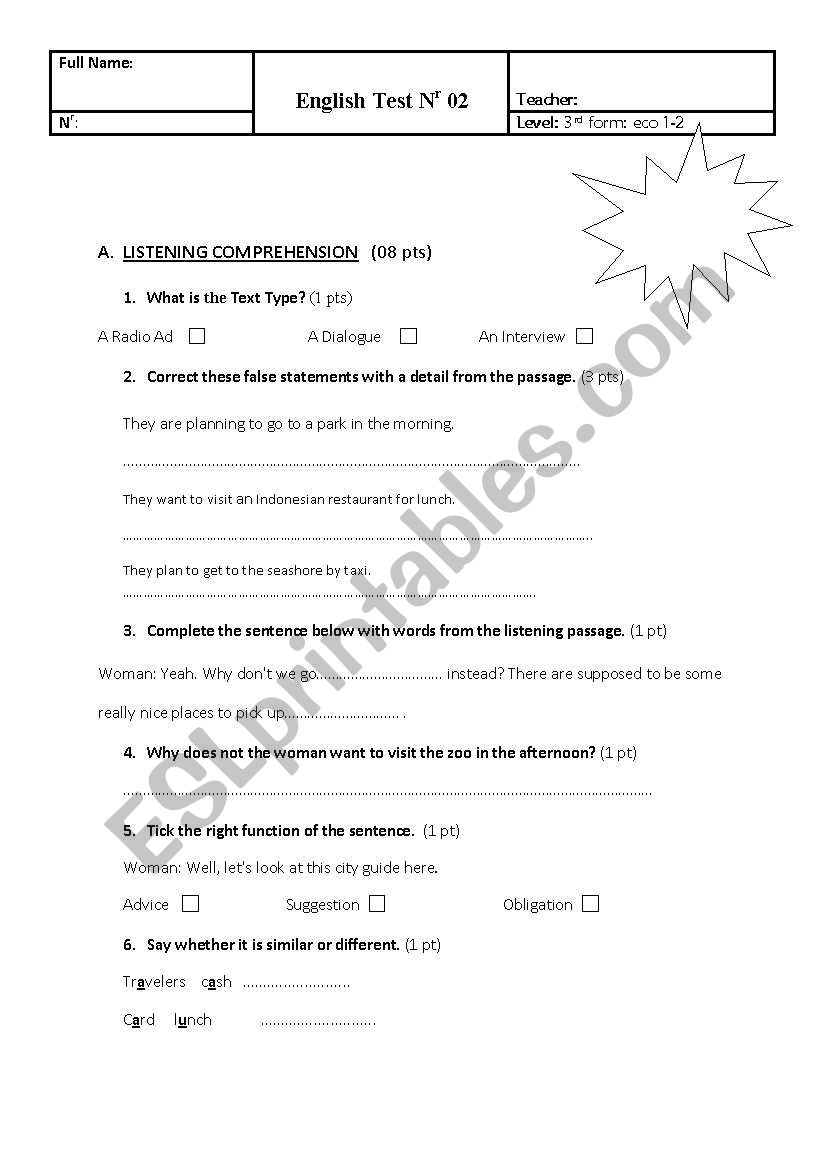 A mid-term test 3rd form worksheet