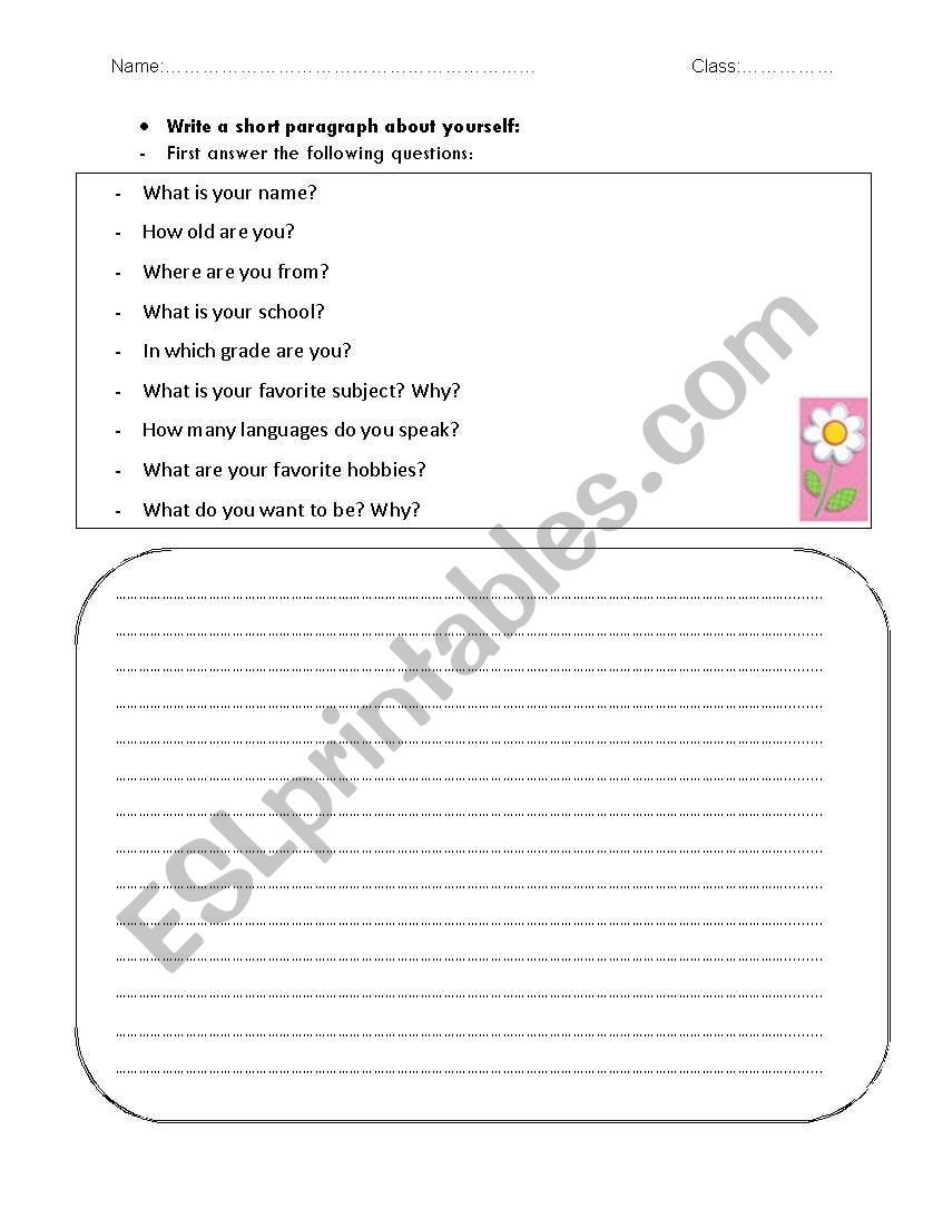 Writing a short paragraph about yourself - ESL worksheet by Miss CuTe