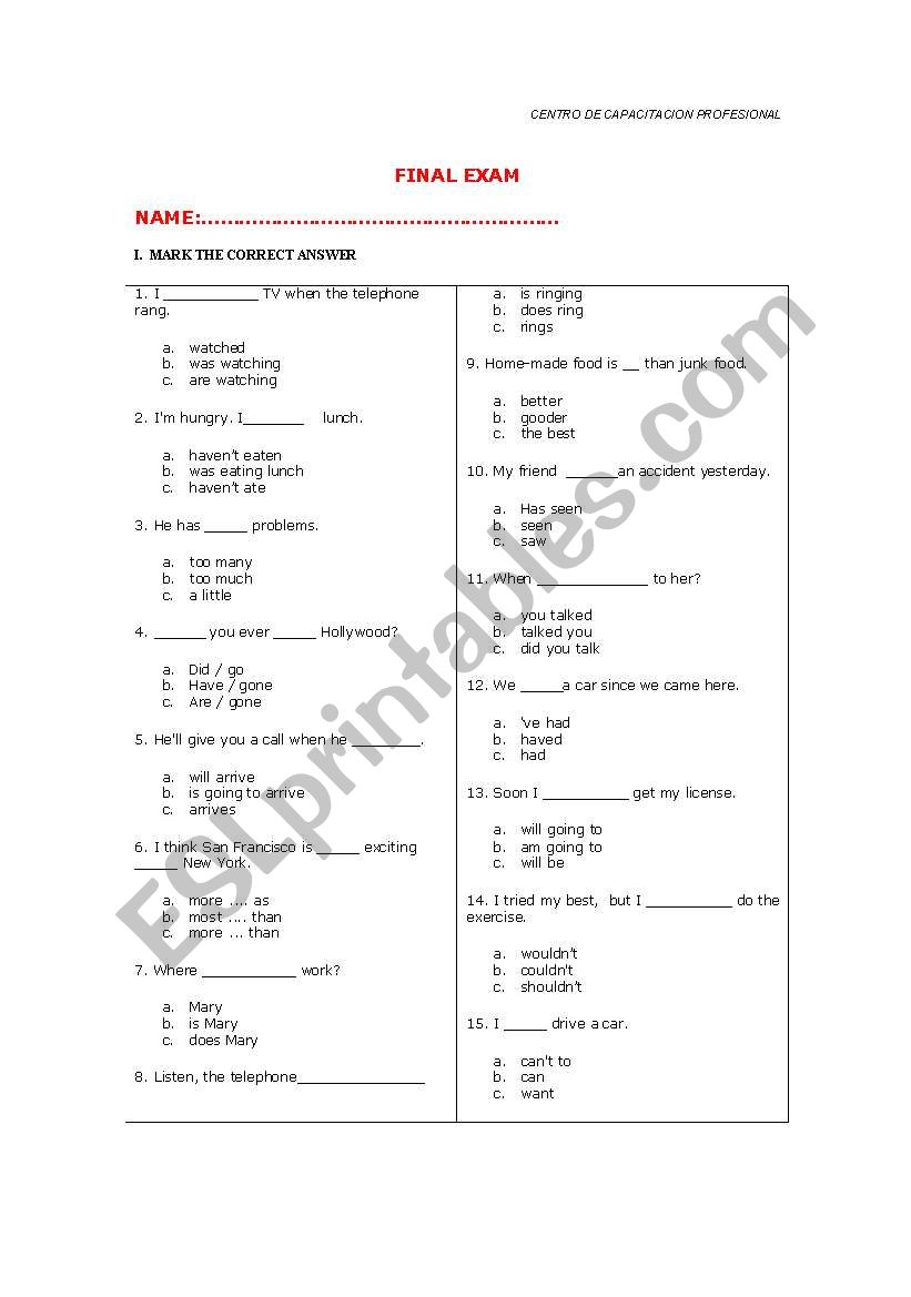Mixed Test worksheet