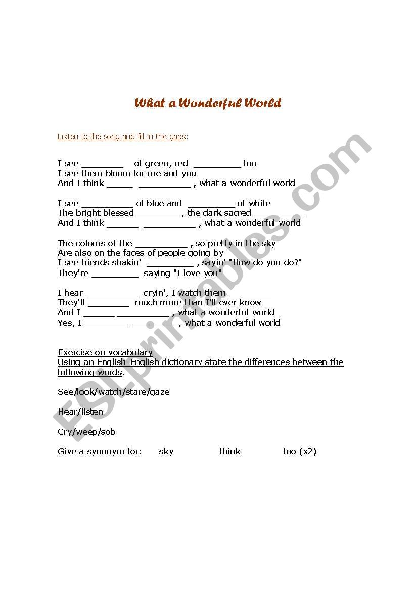 Song: What a wonderful world worksheet