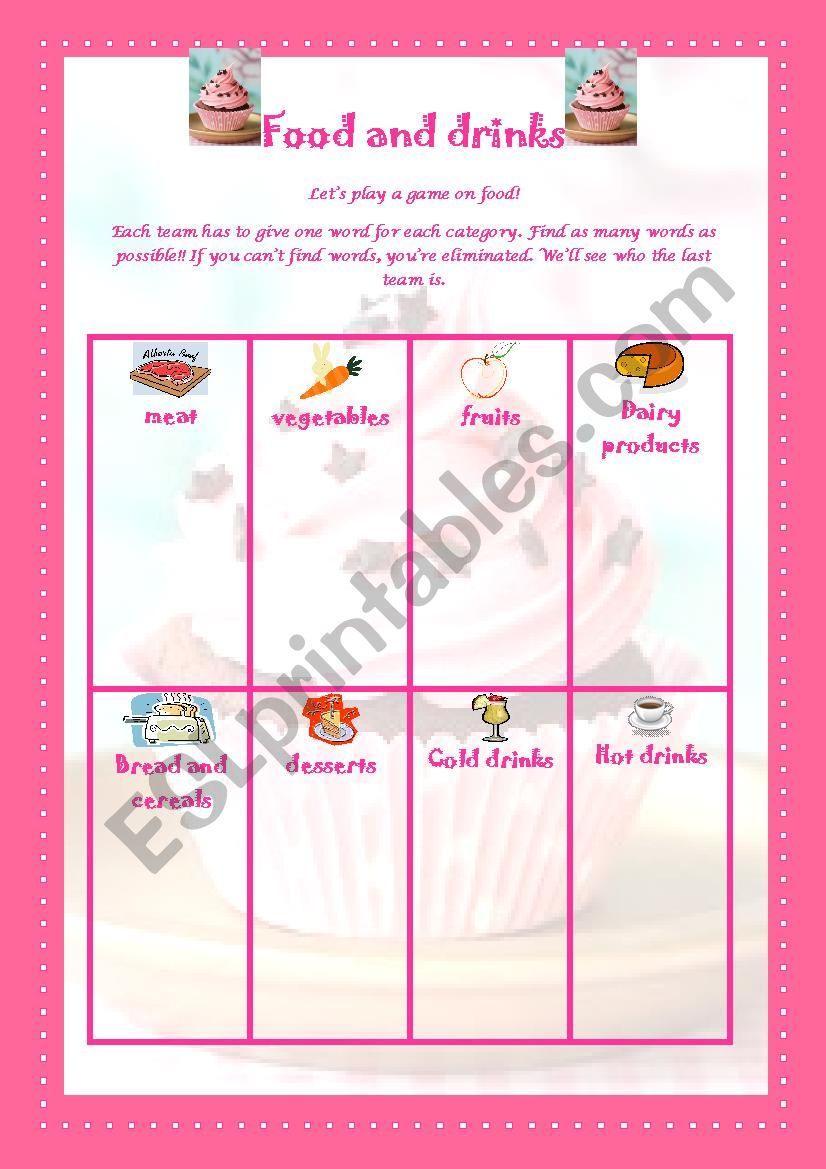 game on food worksheet