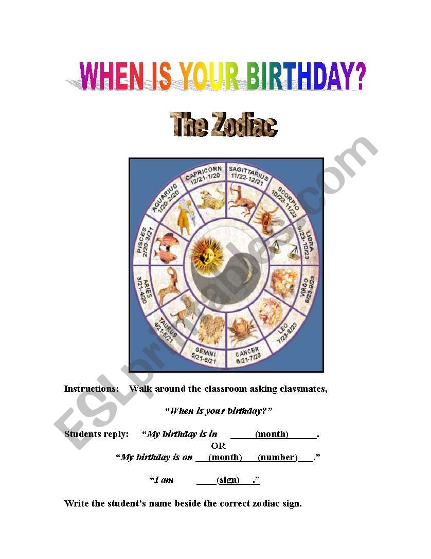 Birthday zodiac worksheet