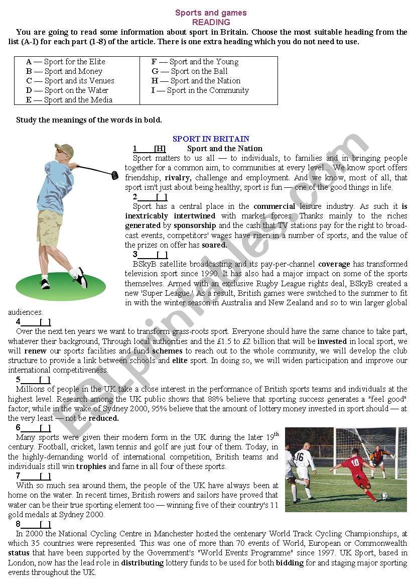 sports in Britain worksheet