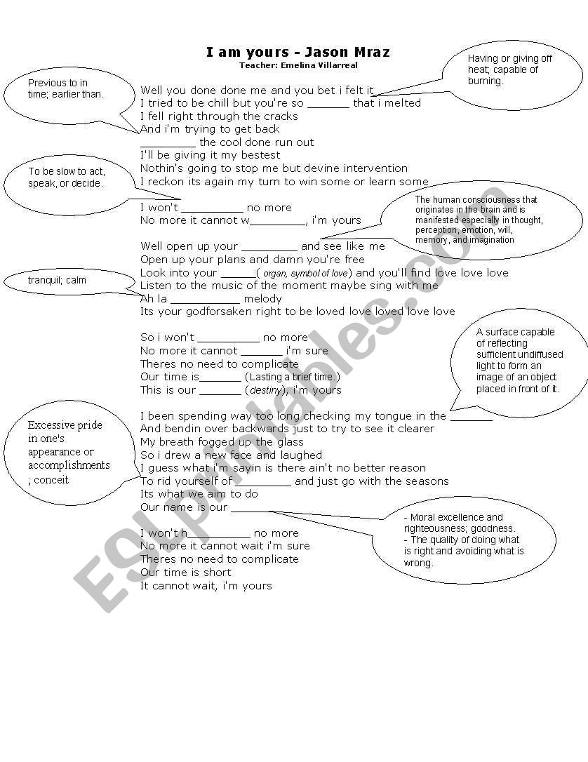 Im yours song worksheet