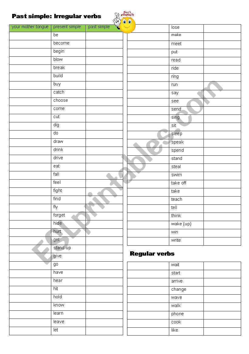 past simple, irregular & regular verbs, + key