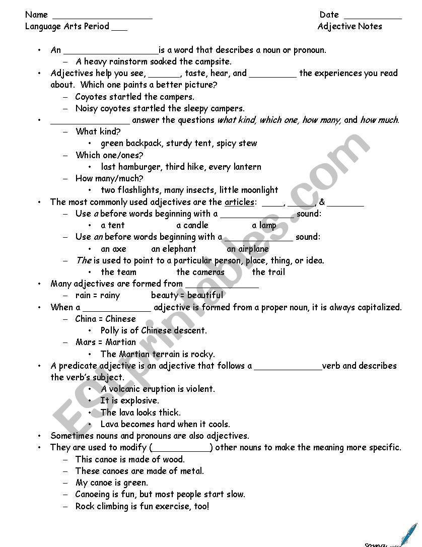 Adjective notes  worksheet