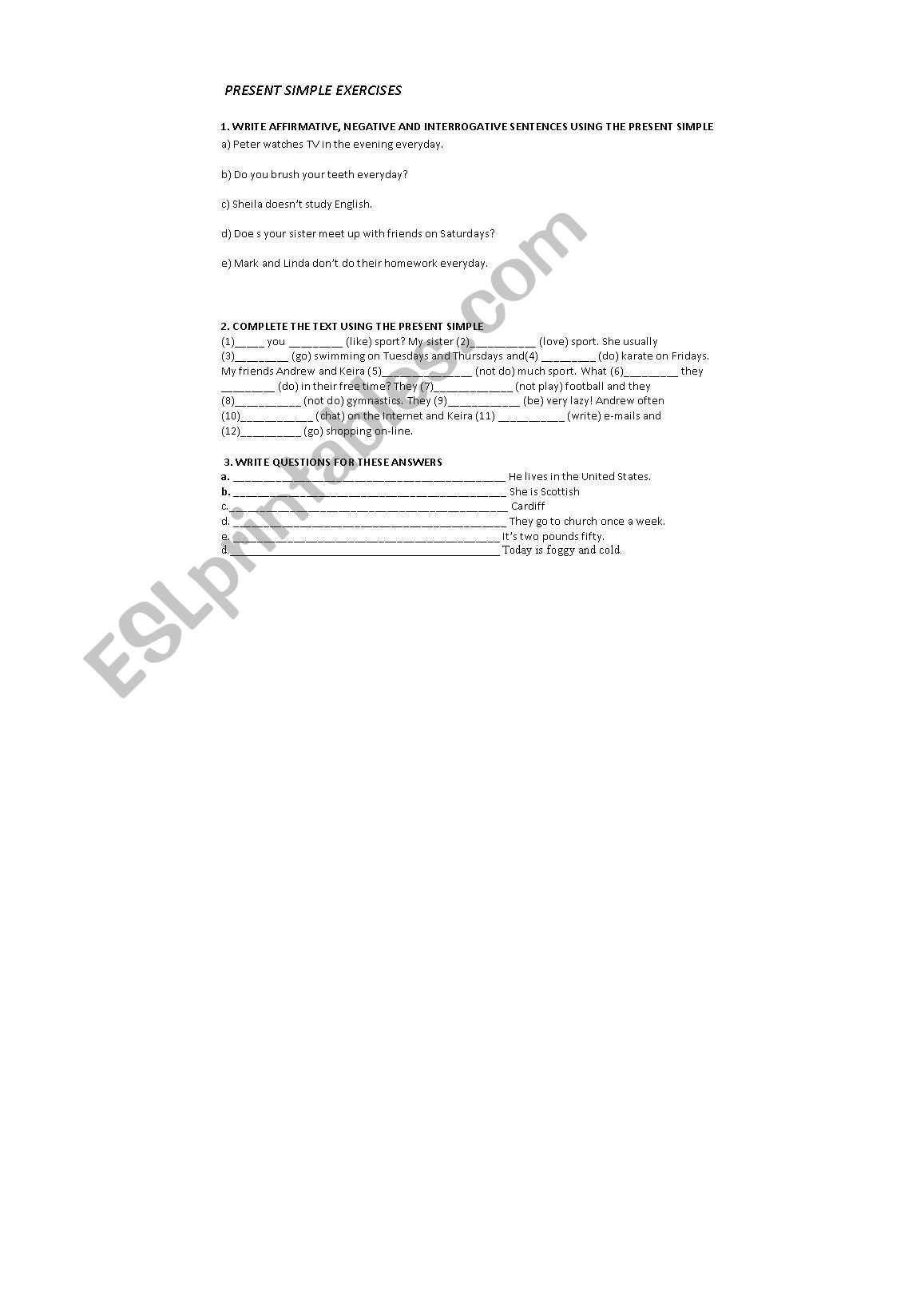SIMPLE PRESENT EXERCISES worksheet