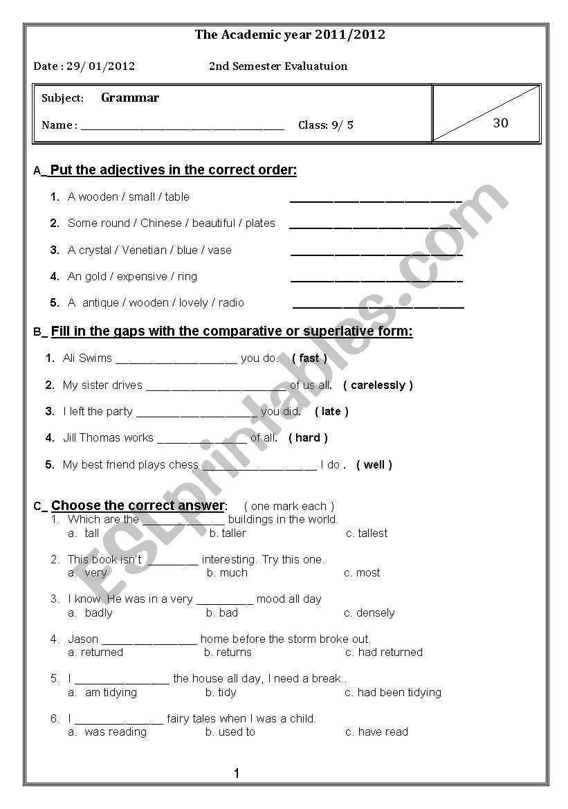 Grammar test worksheet