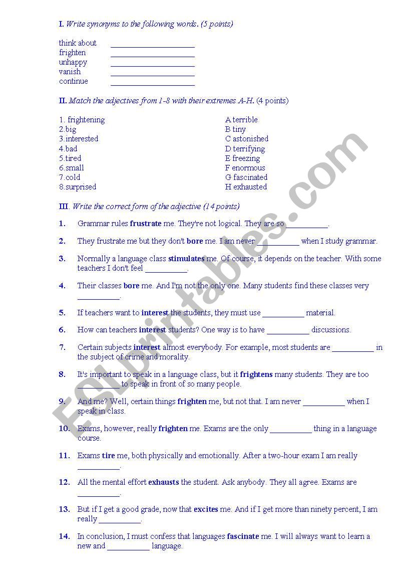 vocabulary check - adjectives worksheet