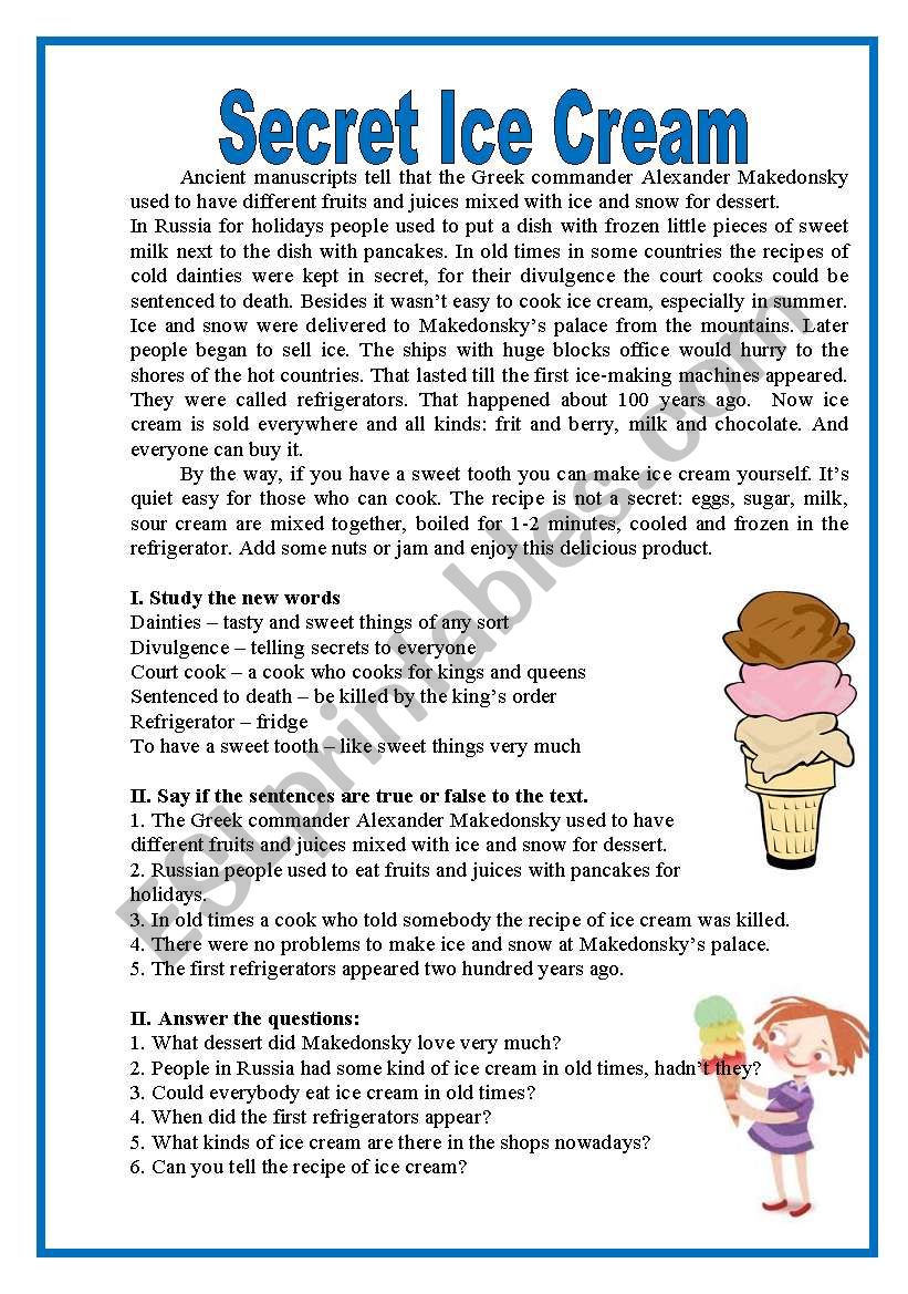 secret ice cream worksheet