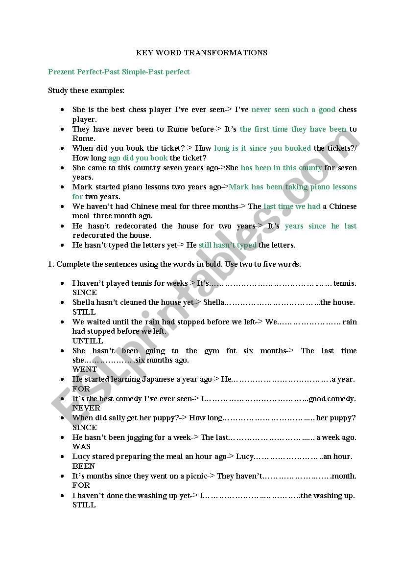 Present tense transformation  worksheet