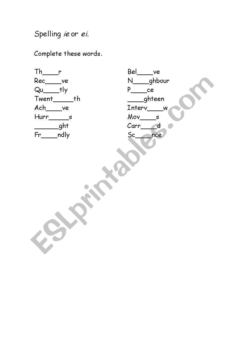 Spelling ´ie´ or ´ei´ worksheet