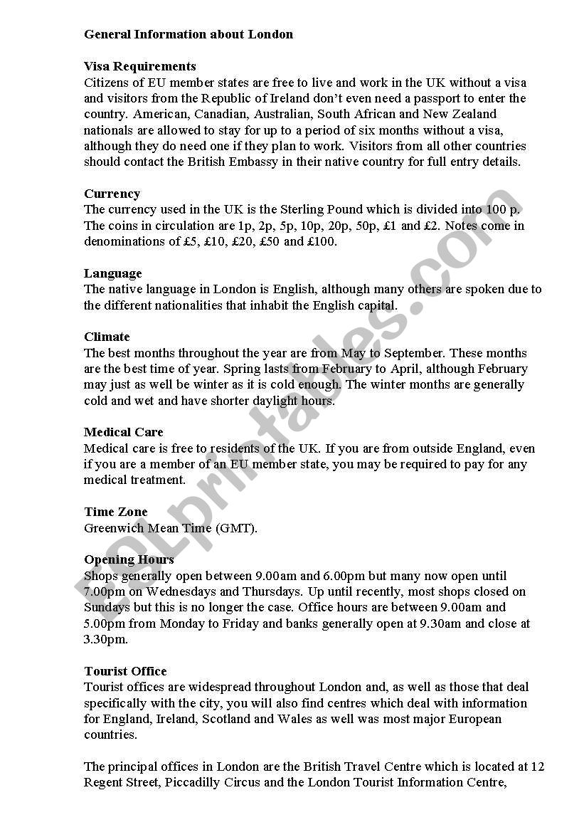 London (3 days) worksheet