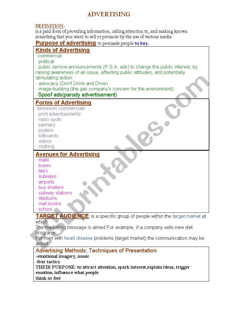 advertising worksheet