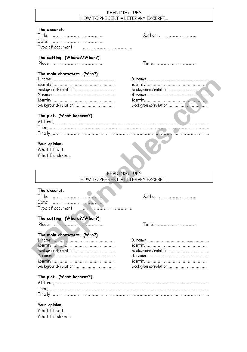 Reading clues worksheet