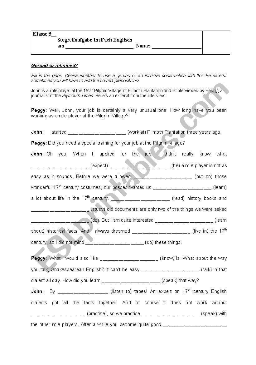 Gerund Infinitive Test worksheet