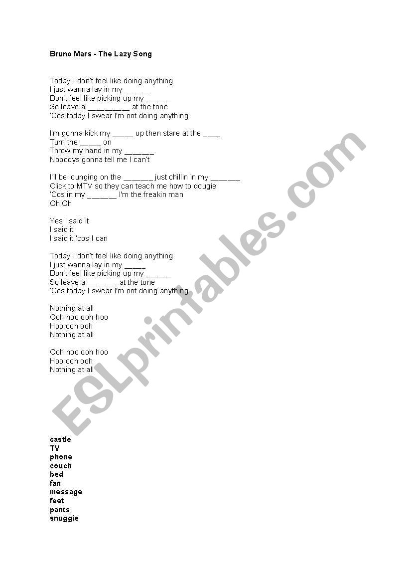 Bruno Mars - The Lazy Song worksheet