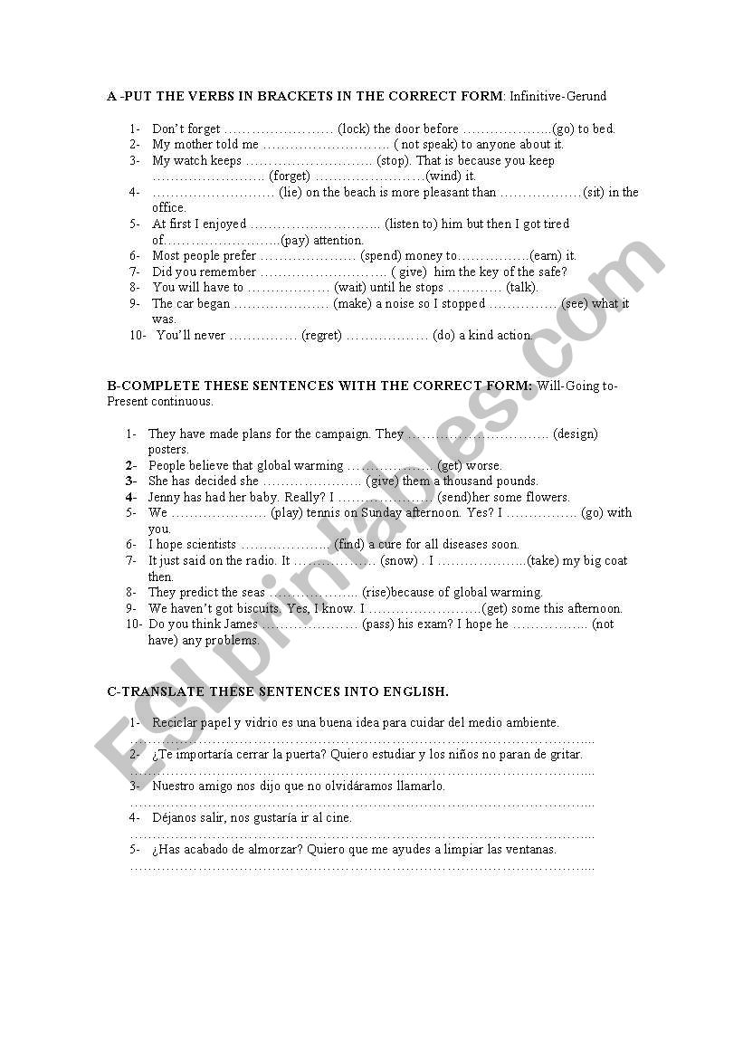 Gerunds and infinitives exercises Bchto 