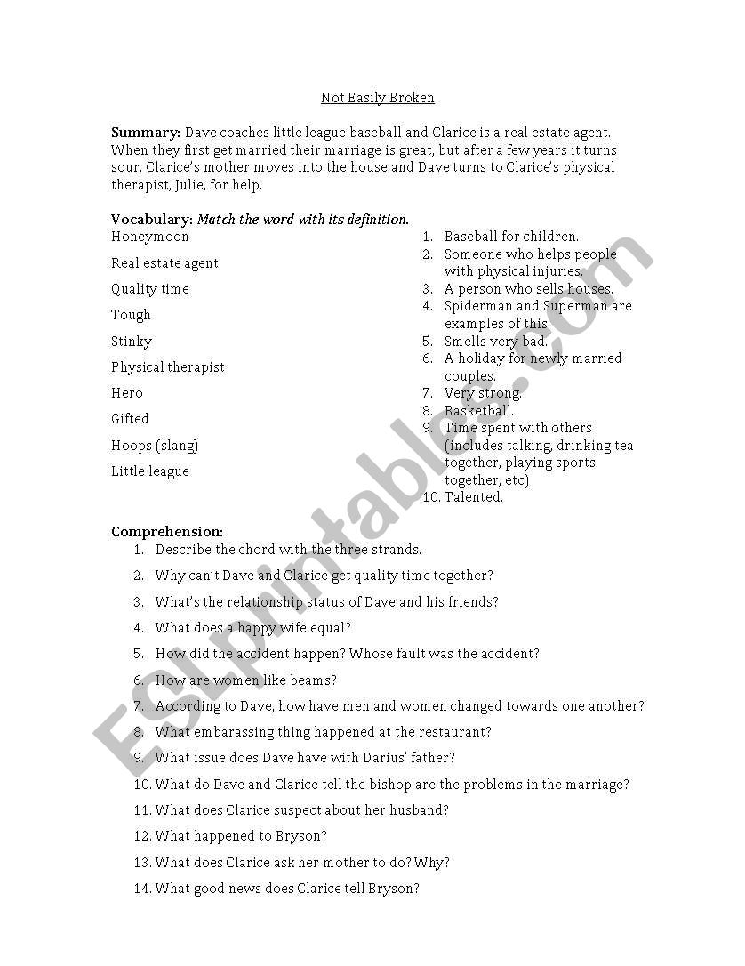 Not Easily Broken movie guide worksheet