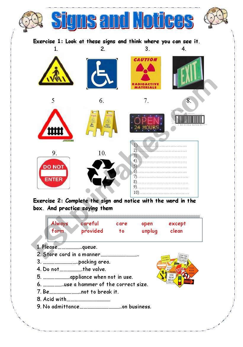 Signs and notices worksheet