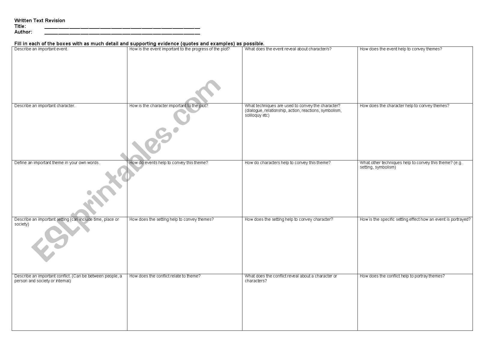 Unfamilliar Text Revision worksheet
