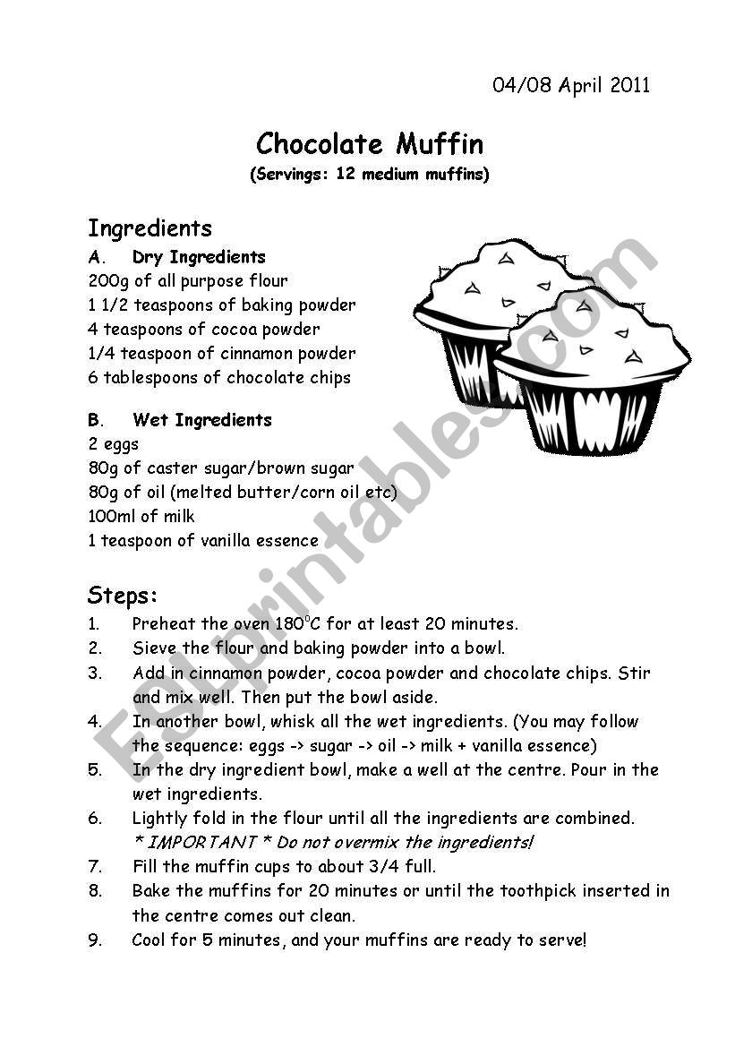 Recipe - Chocolate Muffin worksheet