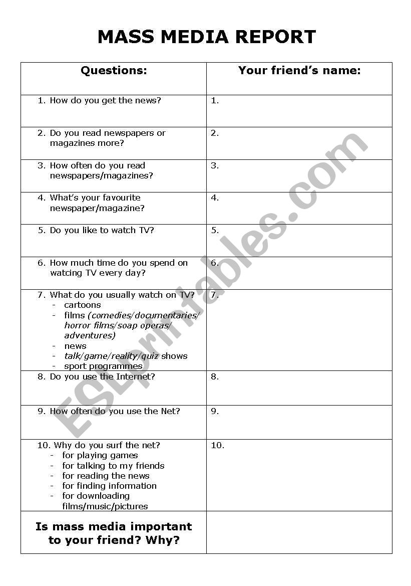 mass media worksheet