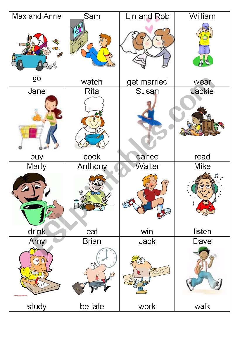 Verb game cards worksheet