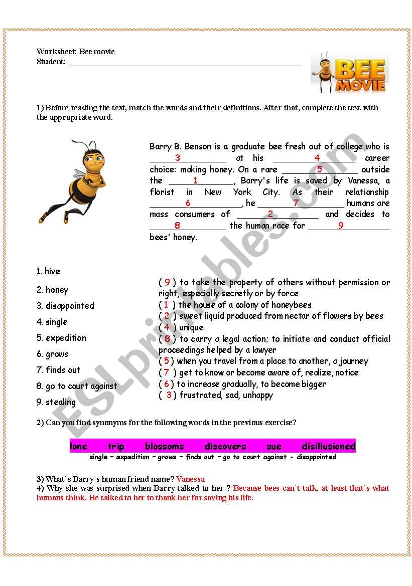 Bee movie - answer key worksheet