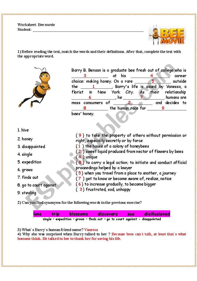Bee movie - answer key - ESL worksheet by ericaplak