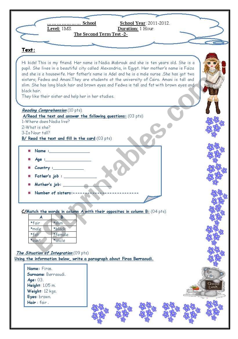 Test for first year middle school pupils