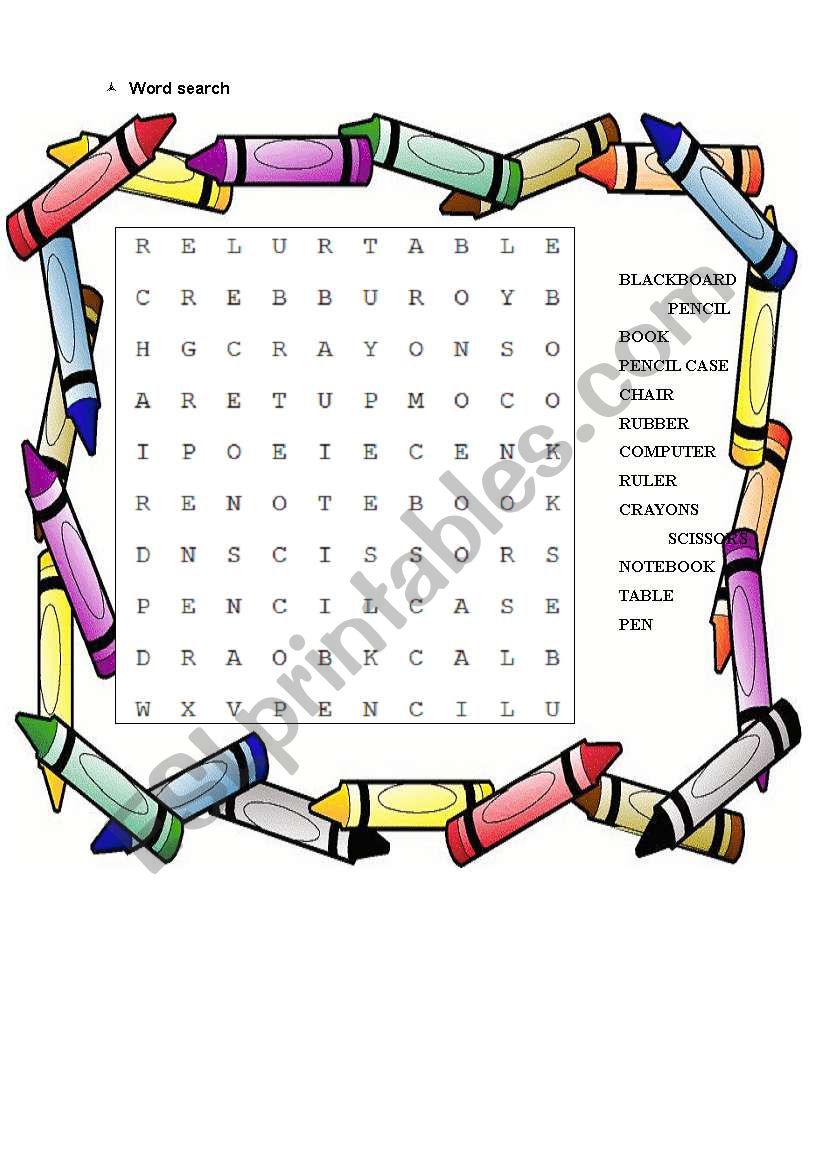 Classroom objects word search worksheet