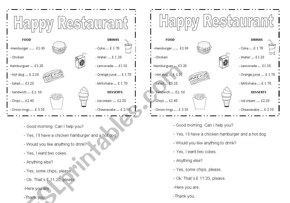 At the fast food restaurant worksheet