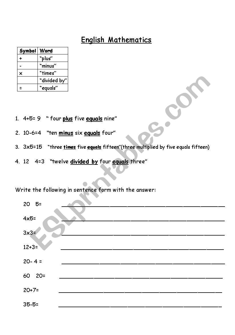 Math through English worksheet