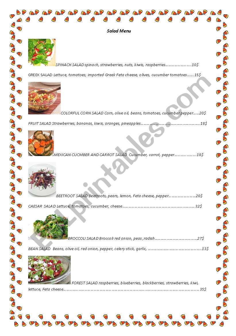 VEGETABLE SALADS MENU worksheet