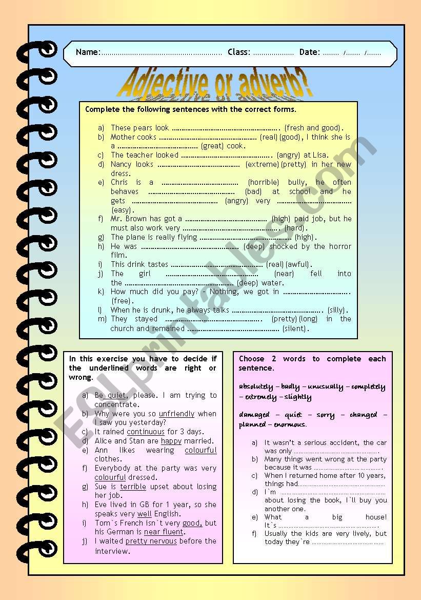 ajdjective or adverb? worksheet