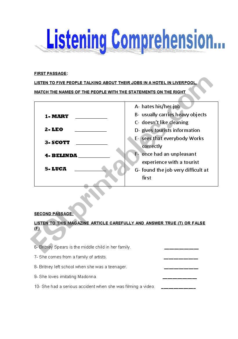 Listening Comprehension worksheet