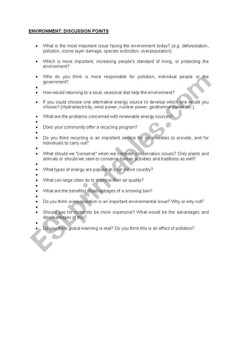 Environment: Debate topics and discussion questions