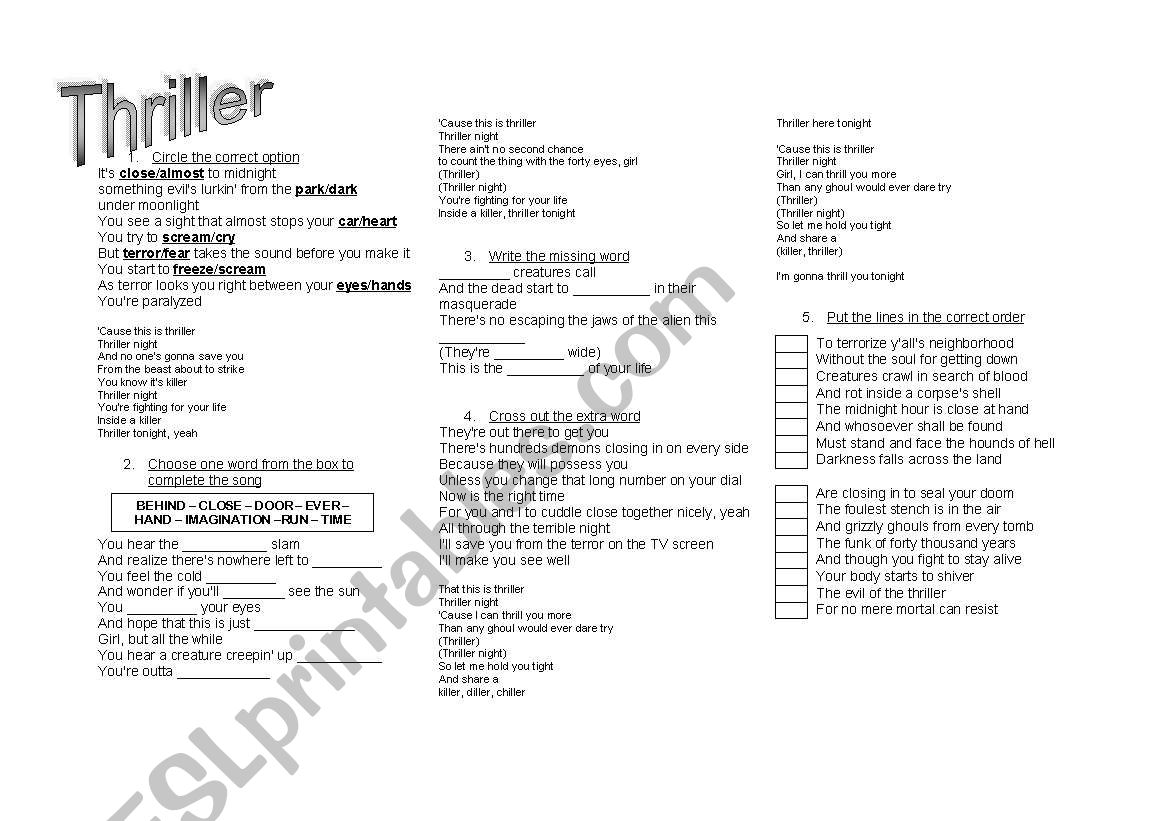 THRILLER SONG worksheet