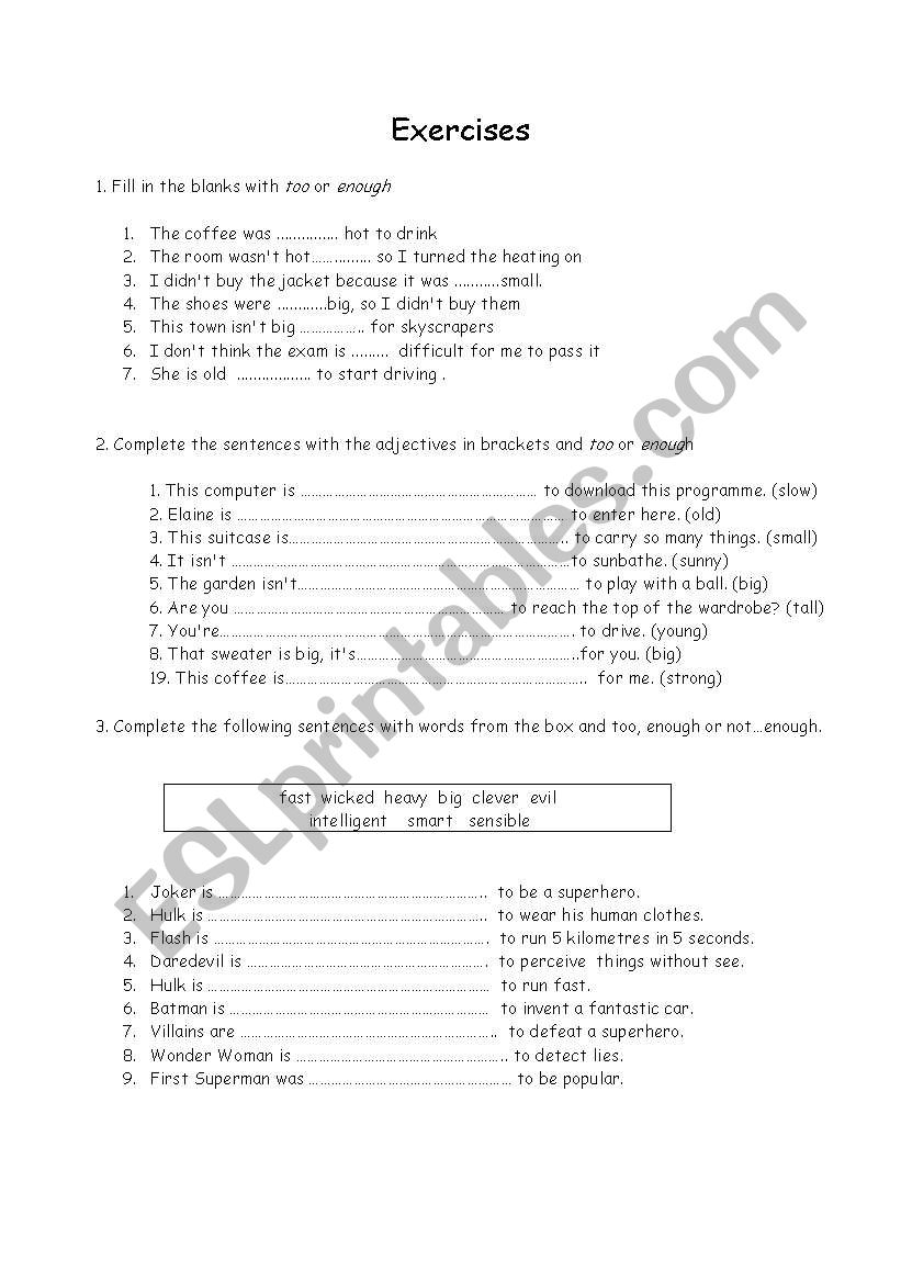 too and enough exercises worksheet